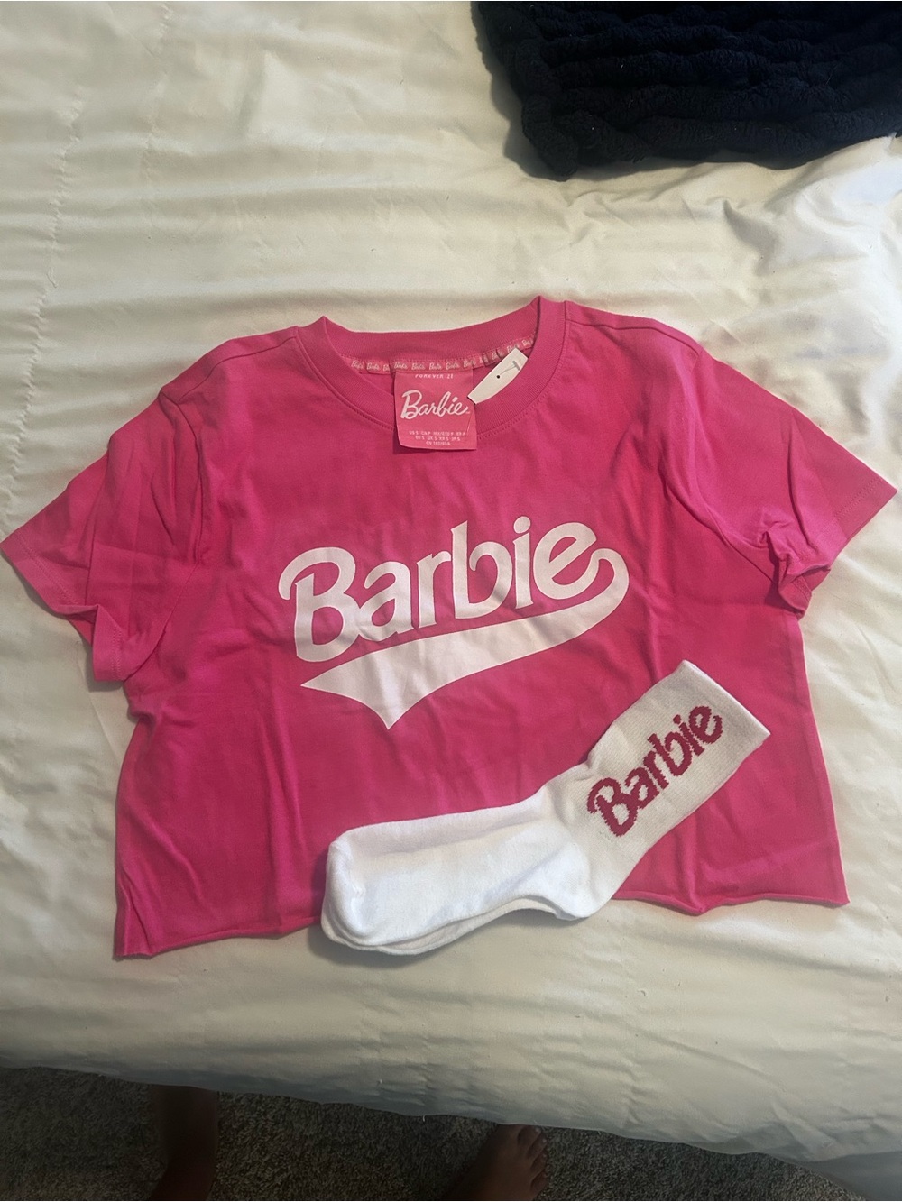Forever 21 Barbie Hot Pink Graphic Crop Tee with White Logo